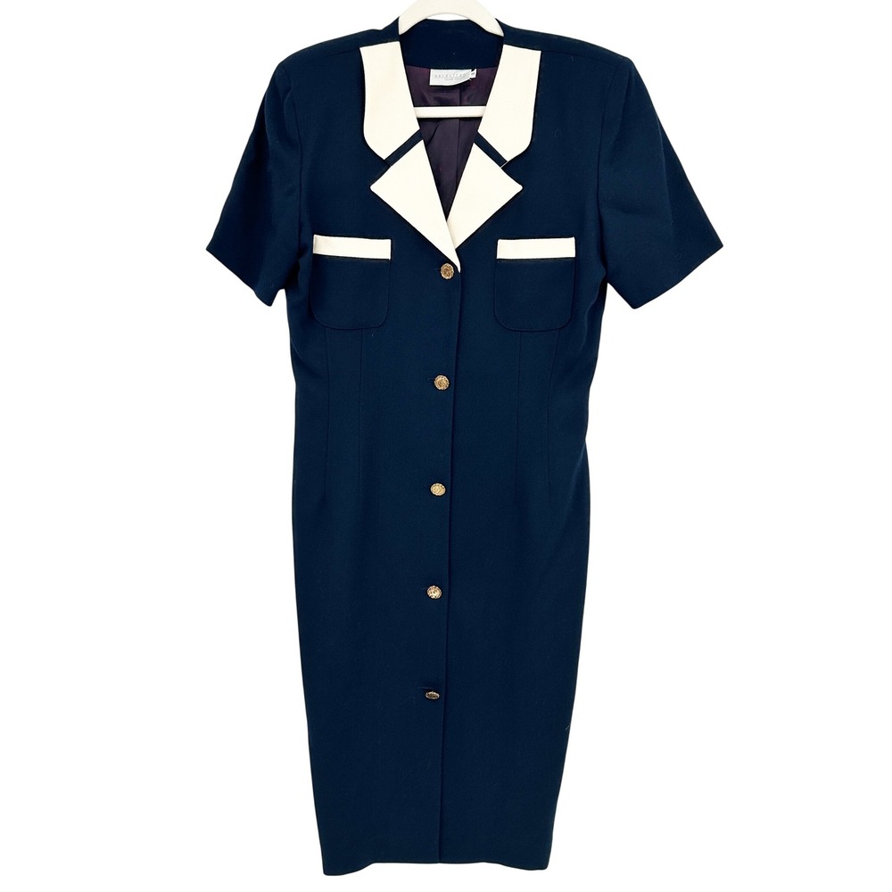 Nordstrom Town Square Vintage Nautical‎ Mod Navy Button Front Wool Dress Size 12